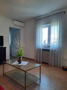 a living room with a glass table and a window at Appartements Lena. in Premantura