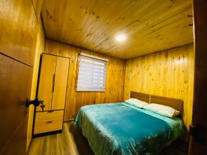 1 dormitorio con 1 cama en una habitación de madera en Cabañas EMC, en Los Vilos
