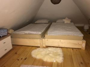 2 Einzelbetten in einem Zimmer mit einem Teppich in der Unterkunft Cesky Krumlov centrum ap 6 in Český Krumlov