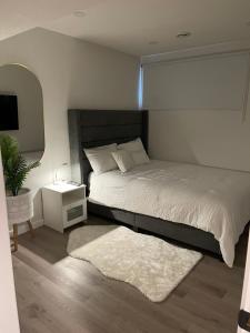 1 dormitorio con cama, espejo y alfombra en Luxury One Bedroom Apartment, en Calgary