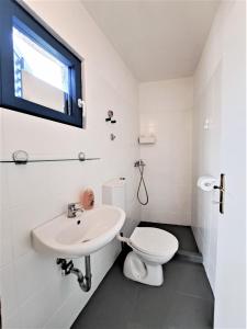 een witte badkamer met een wastafel en een toilet bij Villa Robinson in Tkon