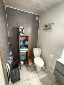a small bathroom with a toilet and a sink at La Girouette in Fumay