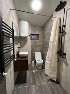 łazienka z toaletą i umywalką w obiekcie Hotel Eden w mieście Mestia