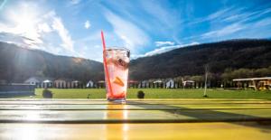 a drink sitting on top of a table at Green Resort Suncuius in Şuncuiuş +97 photos
