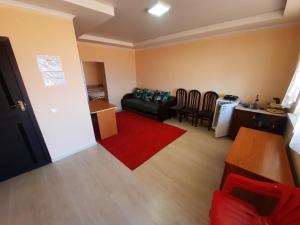 a living room with a black couch and a red rug at Salute guest house in Kaji-Say