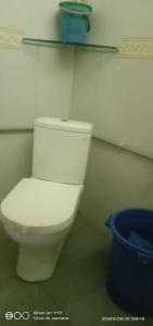 een badkamer met een wit toilet en een blauwe emmer bij Mulu Helena Homestay in Mulu