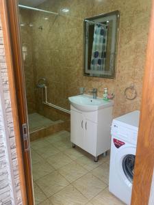 ein Badezimmer mit einem Waschbecken und einer Waschmaschine in der Unterkunft Ksenya B&B in Tatev