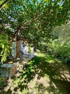 un banc assis sous un arbre à côté d'une maison dans l'établissement L'annexe du domaine de brisset, à Montélimar