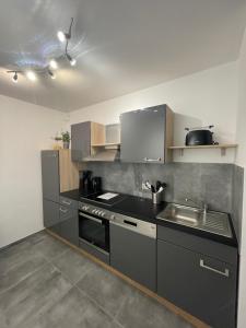 eine Küche mit einer Spüle und einem Herd Top-Backofen in der Unterkunft Winzer Lounge Ferienwohnung in Dernau