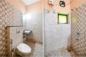 two pictures of a bathroom with a toilet and a shower at FabExpress SR in Bārang