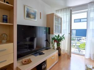 a living room with a large flat screen tv at Strandwohnungen Sellin - WG06 mit 2 Balkonen in Ostseebad Sellin