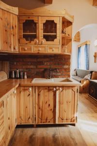 a kitchen with wooden cabinets and a sink at Podklášterský domek in Třebíč