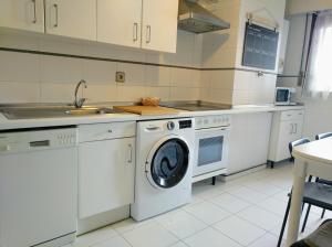 cocina con lavadora y fregadero en Andramari Tourist Home Parking& wifi, en Amorebieta-Etxano