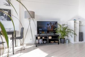 a living room with a tv and a desk and a plant at Arbio I Balcony Apartments Augsburg in Augsburg