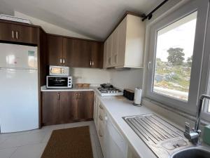 a kitchen with wooden cabinets and a microwave and a window at Bezirgan Inn Kalkan in Islamlar