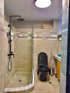a bathroom with a toilet and a glass shower at Lemon Tree Villa in Chalkida