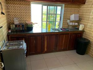a kitchen with a counter with a stove and a window at CASILINA GUEST HOME in Limbe