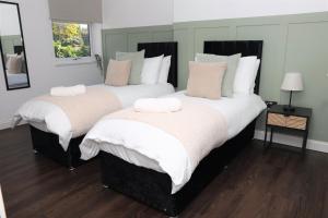 twee grote bedden in een kamer met houten vloeren bij Watford Luxury 1 Bed Flat - Free Parking in Watford