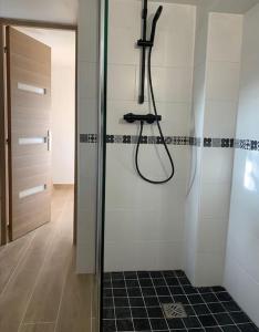 a shower in a bathroom with a glass door at Entre Mer et Montagne in Sartène +2 photos