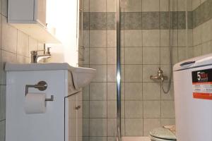 ein Bad mit einer Dusche und einem WC in der Unterkunft Forest Apartment Salonica in Thessaloniki