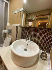 uma casa de banho com um lavatório branco e um WC. em DRY SUİTS em Istambul