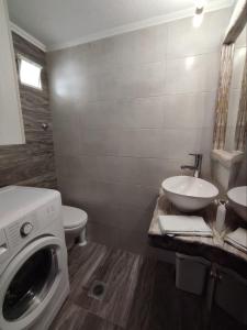 a bathroom with a washing machine and a sink at Traditional House Milos in Pollonia