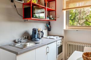 een kleine keuken met een wastafel en een raam bij Lina in Uhldingen-Mühlhofen