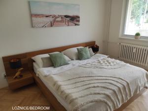 ein Bett mit einer Decke darauf in einem Schlafzimmer in der Unterkunft Dobré místo in Loučná nad Desnou