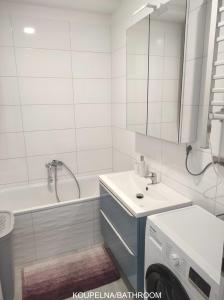 La salle de bains est pourvue d'un lavabo, d'une baignoire et d'une douche. dans l'établissement Dobré místo, à Loučná nad Desnou