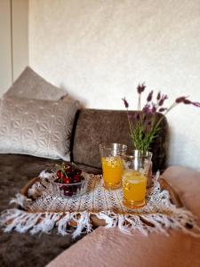 a tray with two glasses of orange juice on a couch at Sweet Côa in Sabugal +19 photos