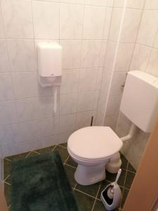 uma casa de banho com um WC branco e um tapete verde em Haus Obweg - Postalm em Hallein