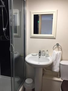 a white bathroom with a sink and a shower at The Crown Inn Smallburgh in Smallburgh