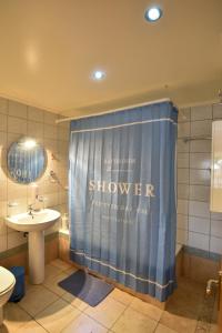 baño con ducha con cortina azul en Agia Marina apartment, en Aghia Marina