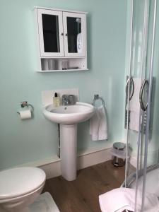 a white bathroom with a sink and a shower at The Crown Inn Smallburgh in Smallburgh