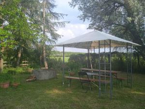 a picnic table with a white canopy in a yard at Liget Szálláshely in Nyírbogdány