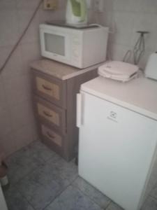 uma pequena cozinha com um micro-ondas e um frigorífico em Liget Szálláshely em Nyírbogdány