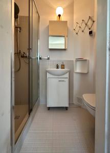 a bathroom with a sink and a shower and a toilet at Domek przy plaży in Rewa +59 photos