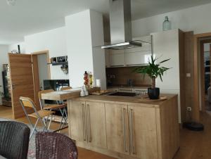 a kitchen with a island with a potted plant on it at Haus Maria in Neubach