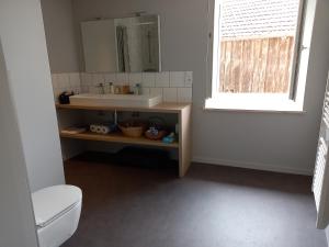 a bathroom with a sink and a toilet and a window at Gîte du Bon Pays in Frontenay