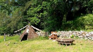 a tent in a field next to a stone wall at Yourte Immersion Nature in Saint-Étienne-de-Chomeil