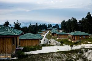 una fila de casas de madera con techos verdes en May Villas en Ordu
