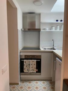 een kleine keuken met een fornuis en een spoelbak bij La Casetta in Lerici +4 foto's