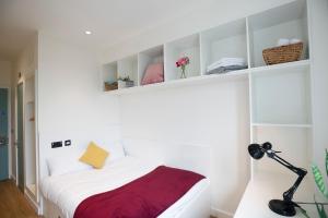 a bedroom with a bed with white shelves at Goldcrest Village Rooms University of Galway in Galway