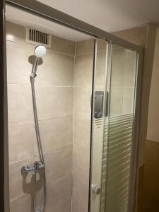 a shower with a glass door in a bathroom at Hostal The Monkey Room in Marbella
