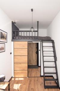 a room with a loft bed and a ladder at Portowa 11 Gdynia in Gdynia
