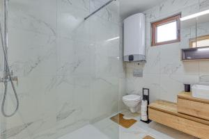 a bathroom with a shower and a toilet at Holiday House Lena in Baderna +16 photos