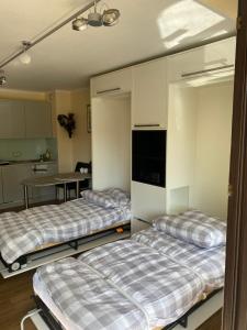 2 bedden in een kamer met een keuken bij Rüngsdorf in Bonn