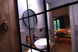 ein Bad mit einem WC und einem Spiegel in der Unterkunft Wild Hunts Lodge Retezat in Rausor