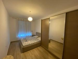 um quarto com uma cama e um espelho grande em Oniss Apartment em Golem
