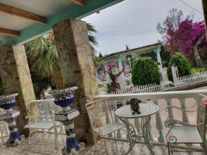 een patio met witte stoelen, tafels en planten bij Finca amor y sueño isa in Rafal